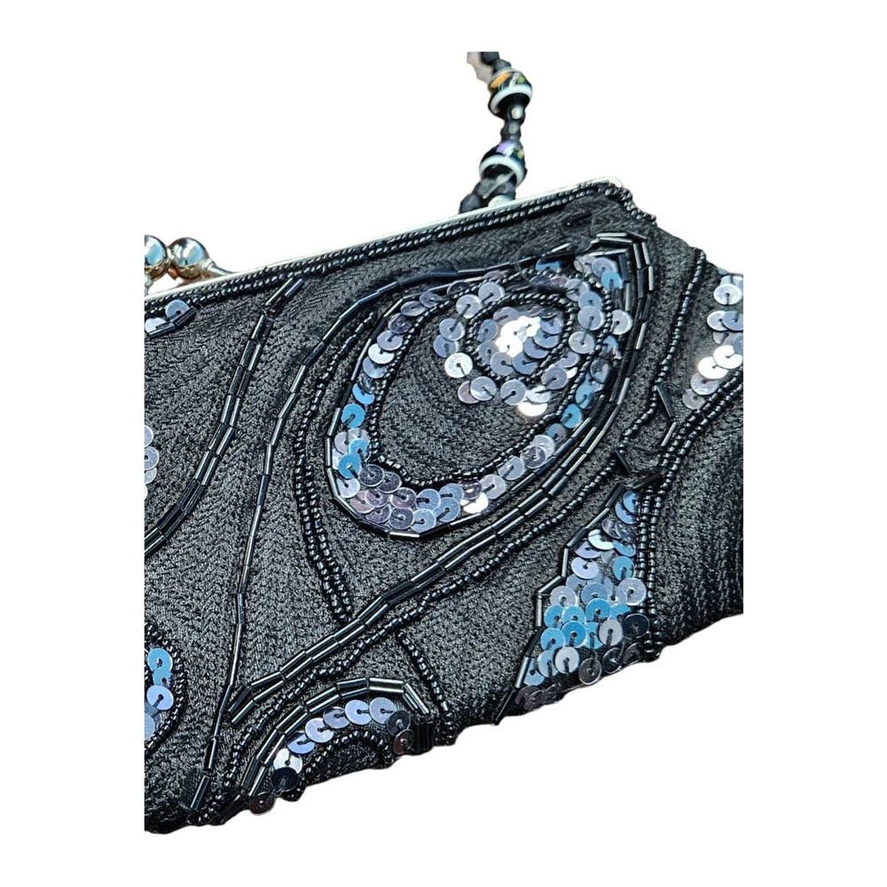 Vintage 80's Beaded Envelope Clasp Purse Sequined Swirl - Picture 3 of 7